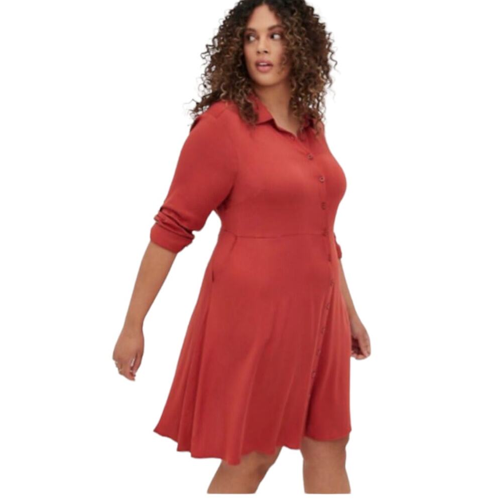 Torrid NWT Mini Challis Collared Shirt Dress Size 0X Rust Long Sleeve Pockets
